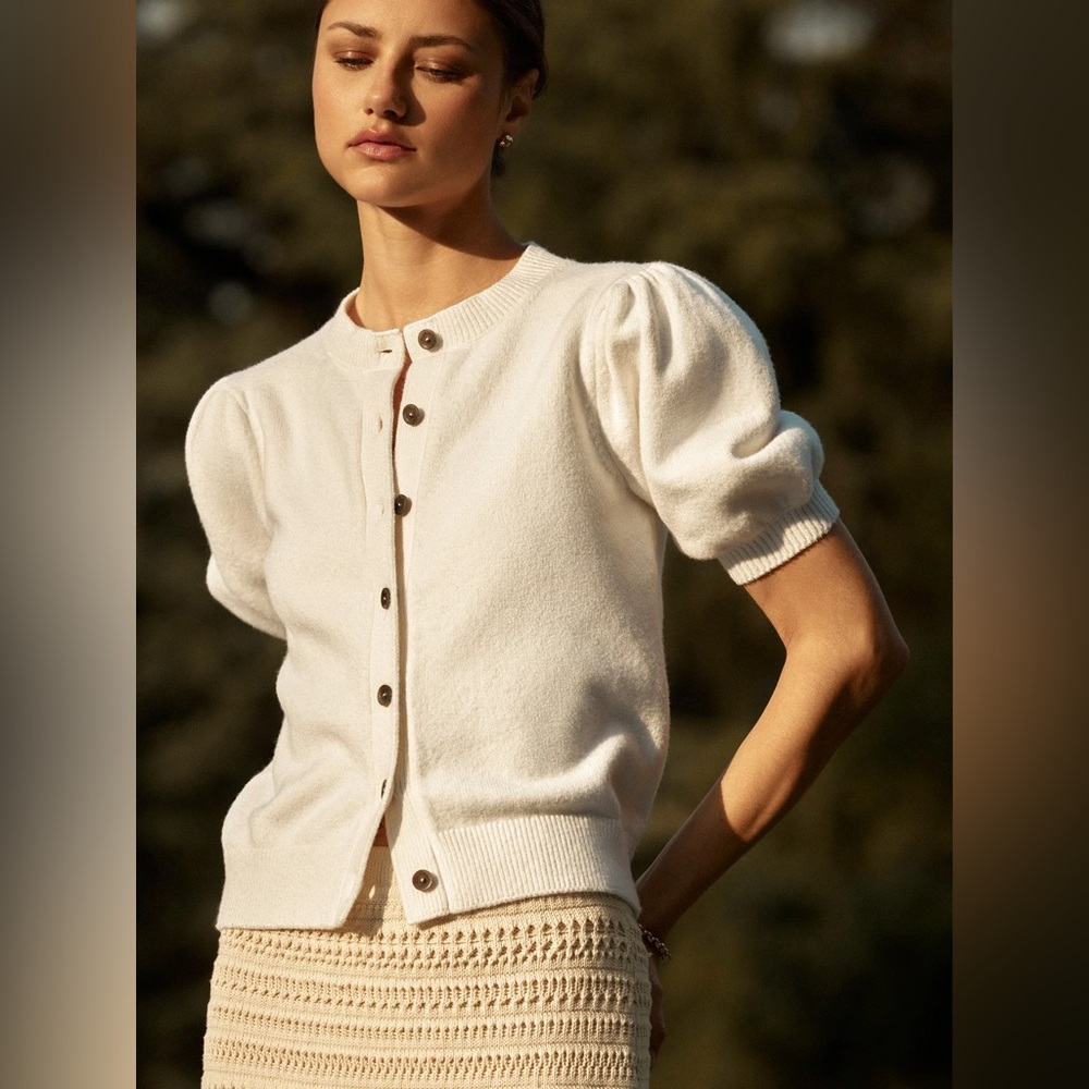 NEW Brochu Walker The Havana Cardigan Puff Sleeve Fine Knit Cotton XS Salt White